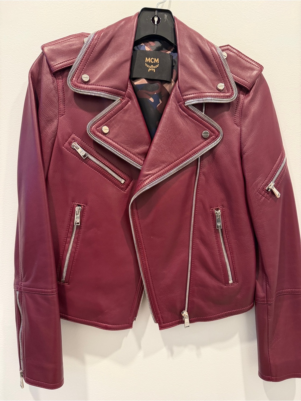 MCM Women's Burgundy Leather Moto Jacket with Silver Hardware